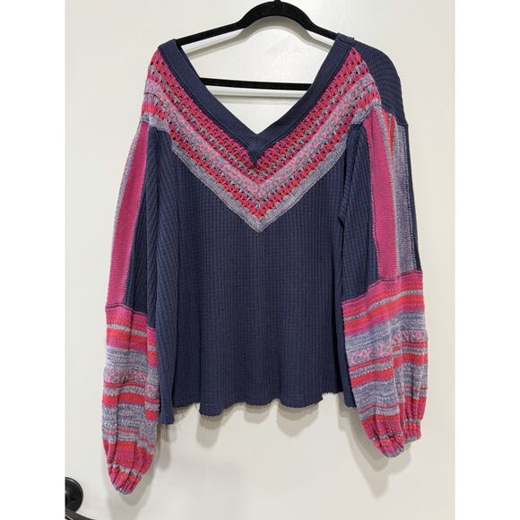 Free People Copenhagen Thermal waffle Long Sleeve Top Navy Double V Neck Size L - Picture 2 of 8